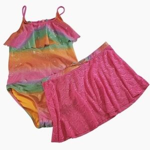 🟢K1352 * Limited Too Girls Rainbow One Piece Swimsuit/Skirt Set Size L (14/16)